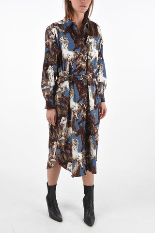 Horses-printed velvet double split-side hem midi shirtdress