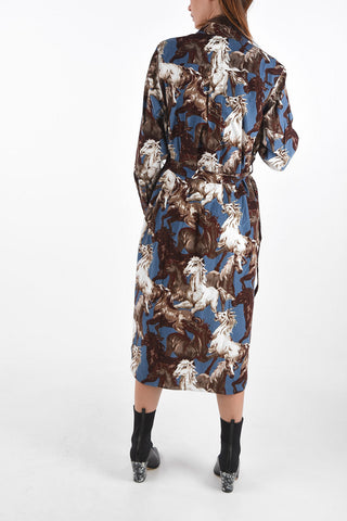 Horses-printed velvet double split-side hem midi shirtdress