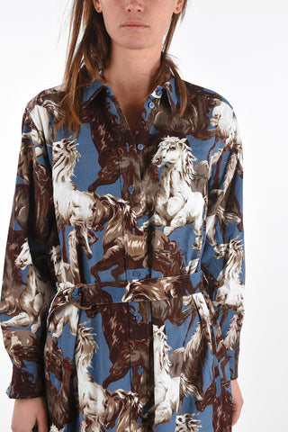 Horses-printed velvet double split-side hem midi shirtdress