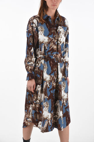 Horses-printed velvet double split-side hem midi shirtdress