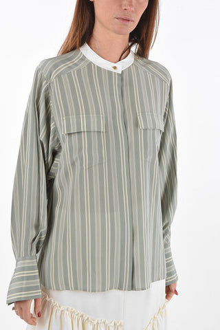 Blusa a Righe in Seta con Maniche Ampie e Collo Coreano