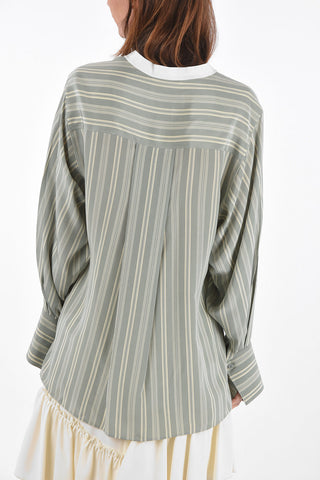 Blusa a Righe in Seta con Maniche Ampie e Collo Coreano