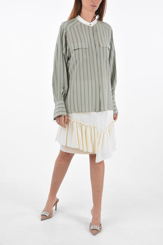 Blusa a Righe in Seta con Maniche Ampie e Collo Coreano