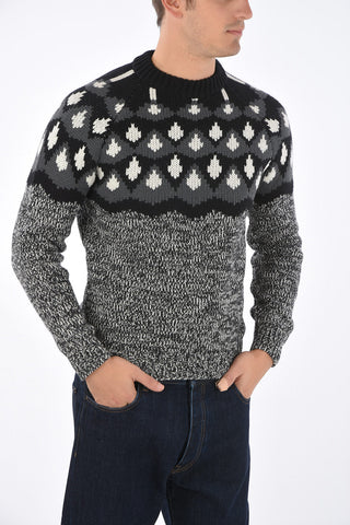 Pullover Girocollo in Lana e Cashmere con Fantasia Geometrica