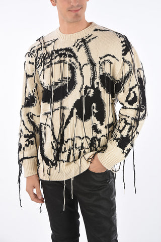Crew Neck Two Tone Pullover with Skull Motif and Pulled Wires