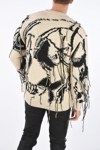 Crew Neck Two Tone Pullover with Skull Motif and Pulled Wires