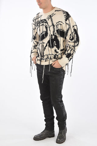 Crew Neck Two Tone Pullover with Skull Motif and Pulled Wires