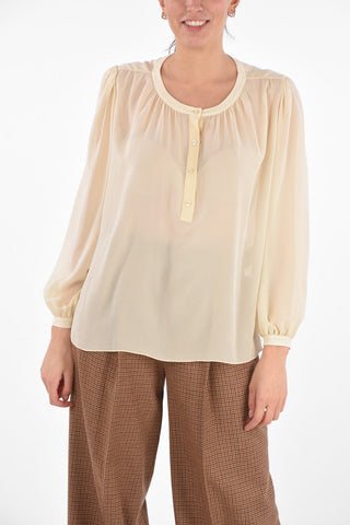 Crew Neck Flared Silk Blouse with 4 Buttons