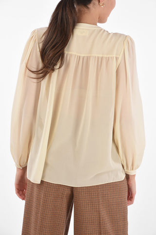 Crew Neck Flared Silk Blouse with 4 Buttons