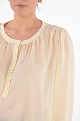 Crew Neck Flared Silk Blouse with 4 Buttons