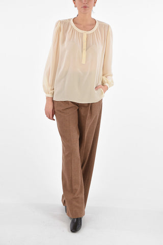 Crew Neck Flared Silk Blouse with 4 Buttons