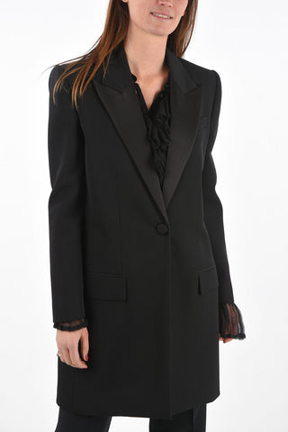 1 Button Long Blazer with Satin Peak Lapel