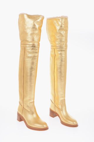 Metalized leather FOLCO 6cm Over-the-knee boots with Shearling Detail
