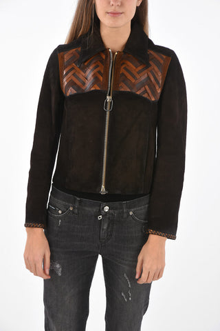 Suede Jacket with Front Zip and Interlaced Design Inserts
