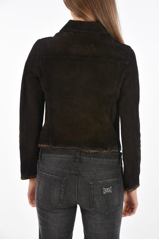 Suede Jacket with Front Zip and Interlaced Design Inserts