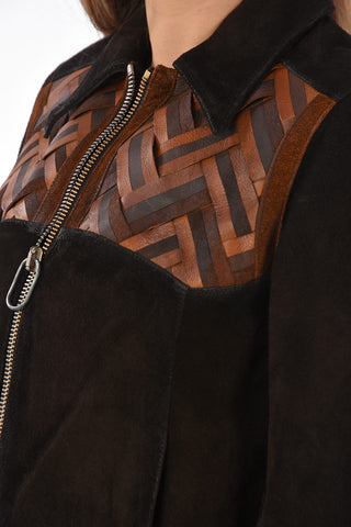 Suede Jacket with Front Zip and Interlaced Design Inserts