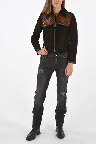 Suede Jacket with Front Zip and Interlaced Design Inserts