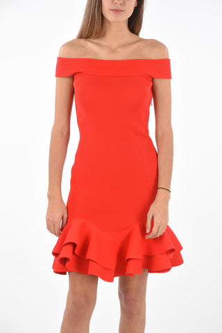 Abito Off-shoulder a Costine Elasticizzato con Fondo Svasato