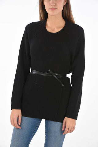 Crew Neck Wool and Cashmere Sweater with Leather Strap