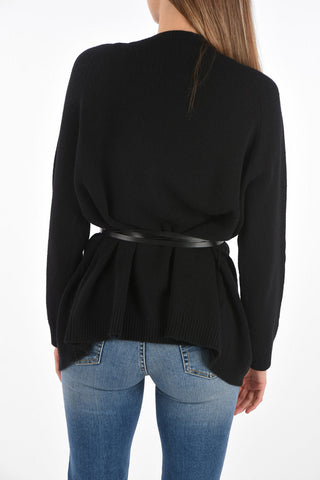 Crew Neck Wool and Cashmere Sweater with Leather Strap