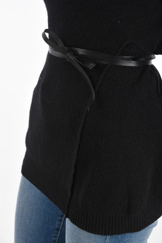 Crew Neck Wool and Cashmere Sweater with Leather Strap