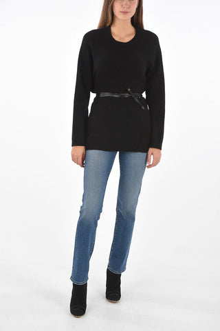 Crew Neck Wool and Cashmere Sweater with Leather Strap