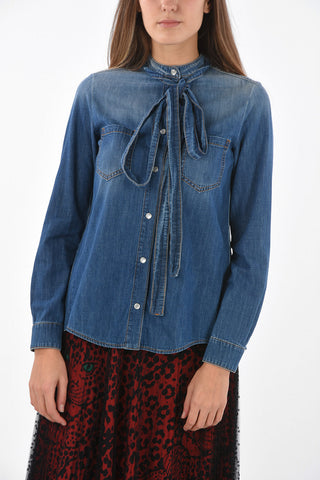 Tie Neck Denim Shirt with Pleated Back Part