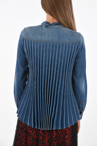 Tie Neck Denim Shirt with Pleated Back Part