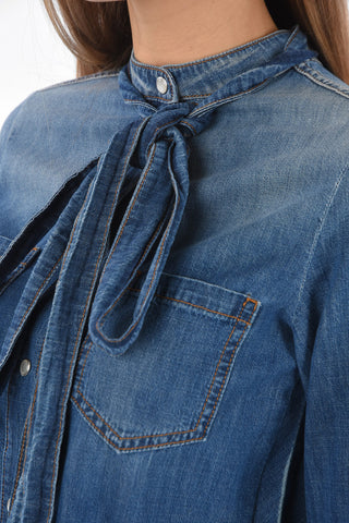 Tie Neck Denim Shirt with Pleated Back Part