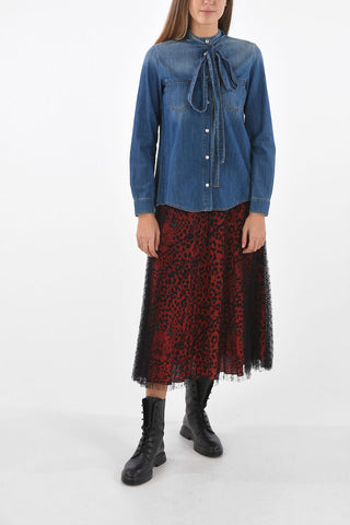 Tie Neck Denim Shirt with Pleated Back Part