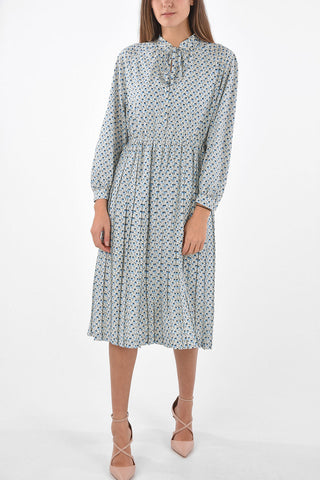 Floral Patterned Midi Dress with Drawstringed Pleated Skirt