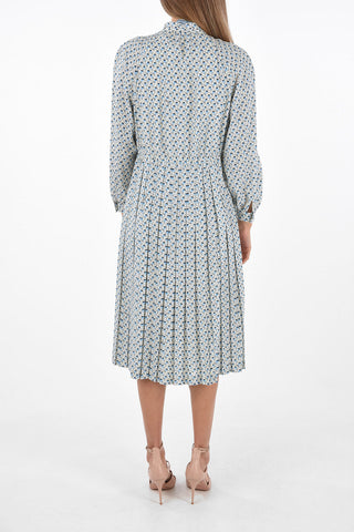 Floral Patterned Midi Dress with Drawstringed Pleated Skirt