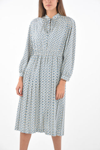 Floral Patterned Midi Dress with Drawstringed Pleated Skirt