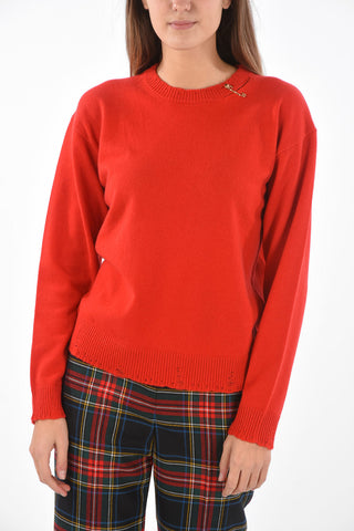 Wool and Cashmere Sweater with Threadbare Edges and Metal Brooch