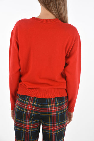 Wool and Cashmere Sweater with Threadbare Edges and Metal Brooch