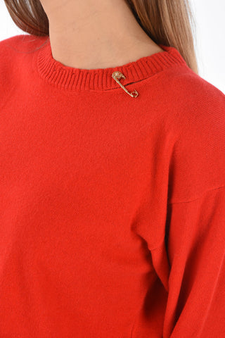 Wool and Cashmere Sweater with Threadbare Edges and Metal Brooch