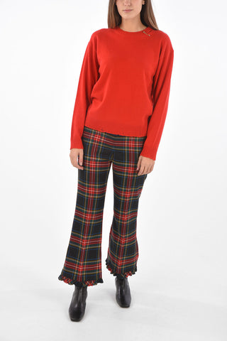 Wool and Cashmere Sweater with Threadbare Edges and Metal Brooch