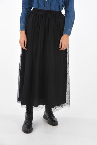 Flared Midi Skirt with Pleated Polka Dot Tulle Outer Layer