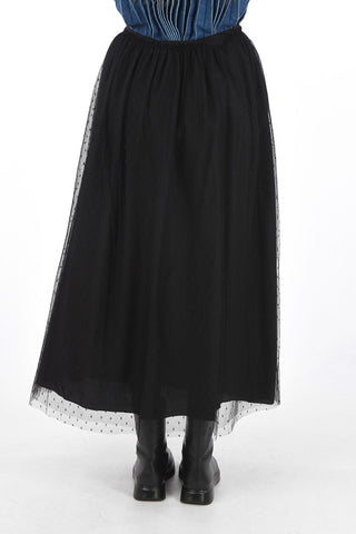 Flared Midi Skirt with Pleated Polka Dot Tulle Outer Layer
