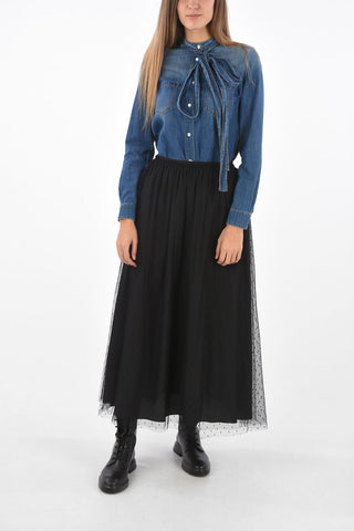 Flared Midi Skirt with Pleated Polka Dot Tulle Outer Layer