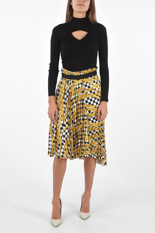 Asymmetric Pleated Skirt with Multicolor Pattern and Side Zip