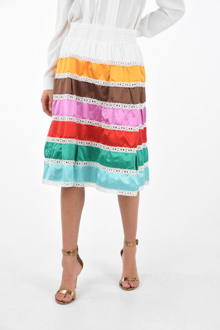 Silk Midi Skirt with Contrasting Flounces and Elastic Waistband