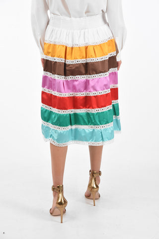 Silk Midi Skirt with Contrasting Flounces and Elastic Waistband