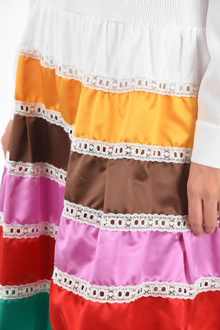 Silk Midi Skirt with Contrasting Flounces and Elastic Waistband