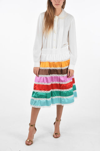 Silk Midi Skirt with Contrasting Flounces and Elastic Waistband