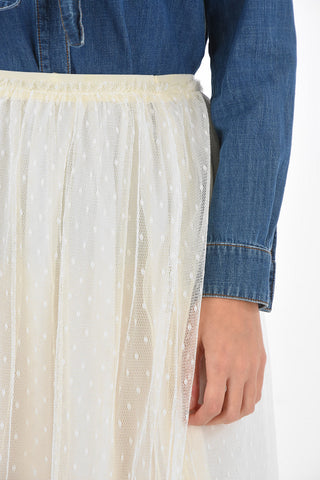 Flared Midi Skirt with Pleated Polka Dot Tulle Outer Layer