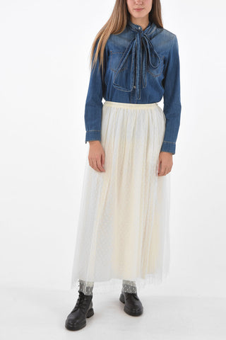 Flared Midi Skirt with Pleated Polka Dot Tulle Outer Layer