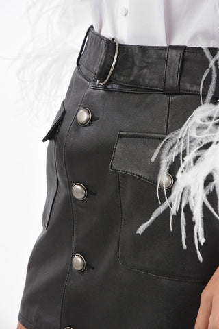 Front Buttoned Leather Miniskirt with 2 Patch Flap Pockets