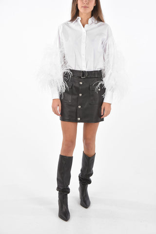 Front Buttoned Leather Miniskirt with 2 Patch Flap Pockets