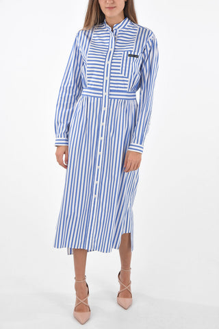 Vestito Midi a Righe con Collo Coreano e Taschino